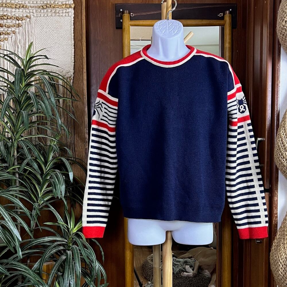 Vintage 70s Demetre Spider Sabich Ski Sweater Mens XL Virgin Wool Navy Striped